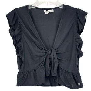 Roxy Black Ruffle Tie Front Peplum Cropped Blouse Womens L Witchy Romantic Goth